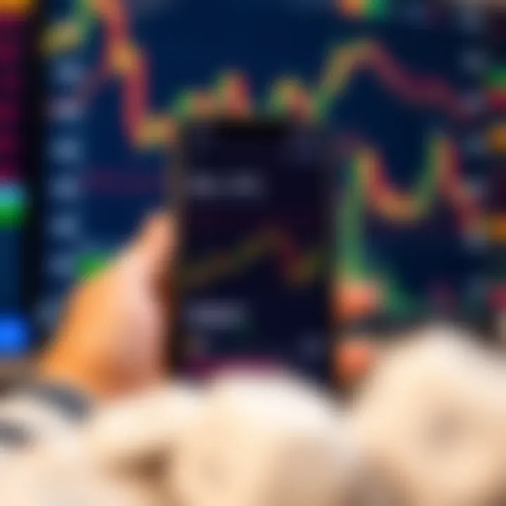 Mobile device displaying forex trading app interface with currency charts and market trends