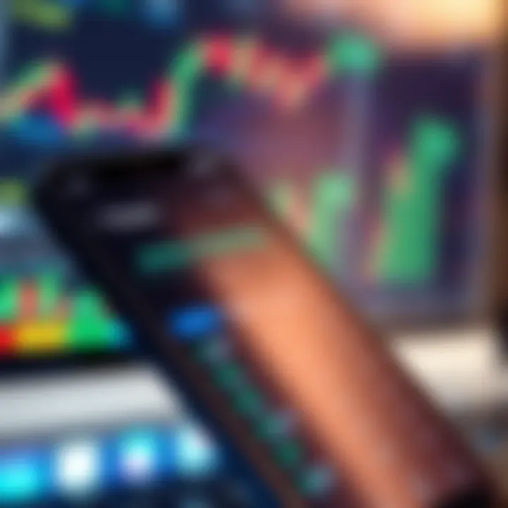Mobile phone screen displaying forex trading app interface with currency charts and analytics