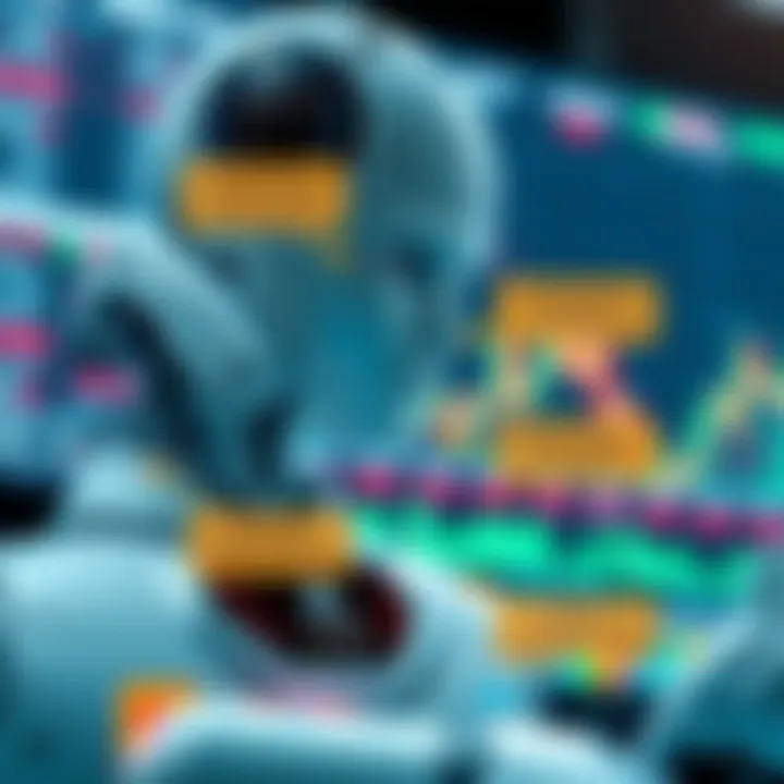 Conceptual graphic showing a robot analyzing financial charts with key binary bot features highlighted