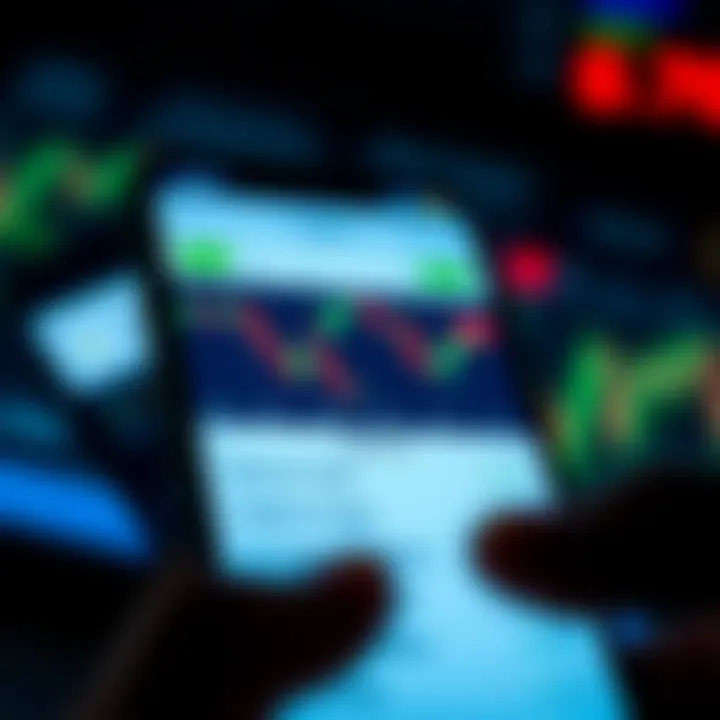 Mobile phone screen showing binary trading app interface with charts and options