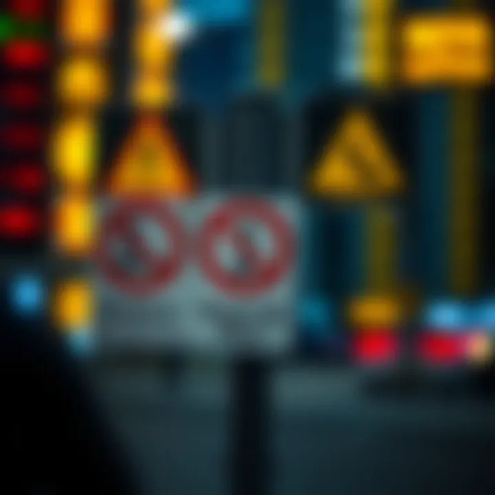 Graphic showing regulatory symbols and warning signs related to binary trading risks