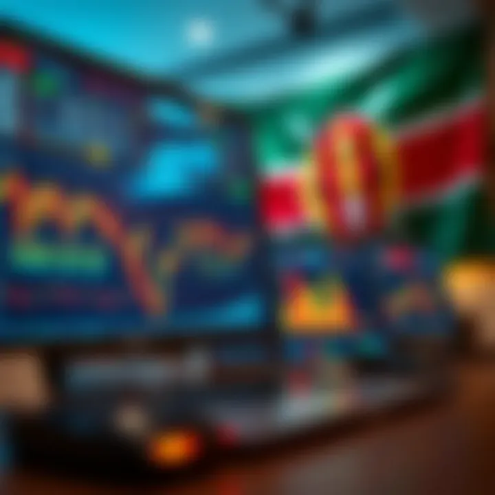 Digital interface showing forex trading charts and graphs with Kenyan flag in the background