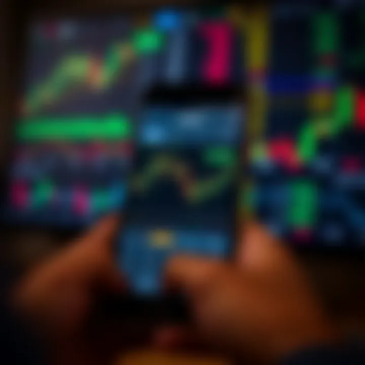 Mobile device displaying forex trading app with charts and currency exchange rates