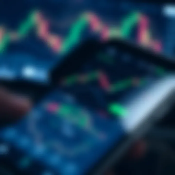 Mobile device displaying forex trading app interface with currency charts and market data