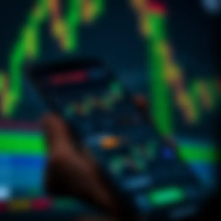 Mobile phone displaying forex trading app interface with charts and currency pairs