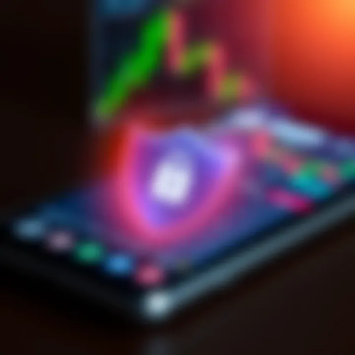 Illustration of a secure shield symbol over a smartphone representing app security features