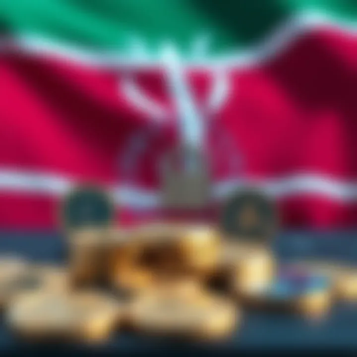 Illustration of various cryptocurrency symbols with security icons and Kenyan flag background