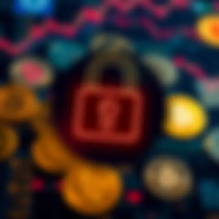 Secure digital lock icon overlaying a background of cryptocurrency symbols representing safety in online trading