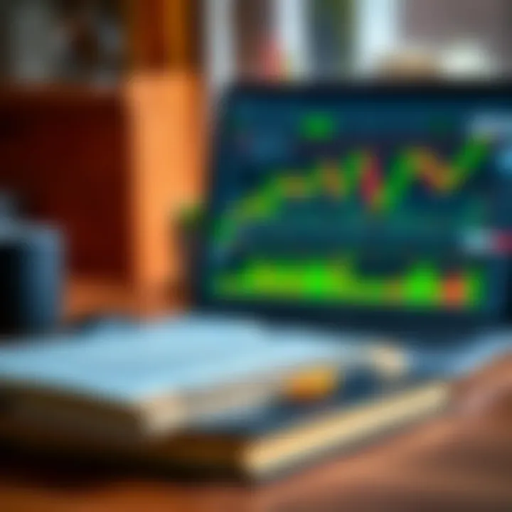 Books on a wooden desk with charts and a laptop showing forex trading data