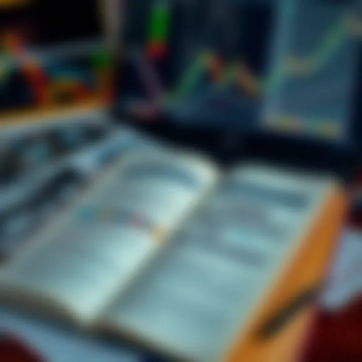 Open book with forex charts and trading tools laid out for study
