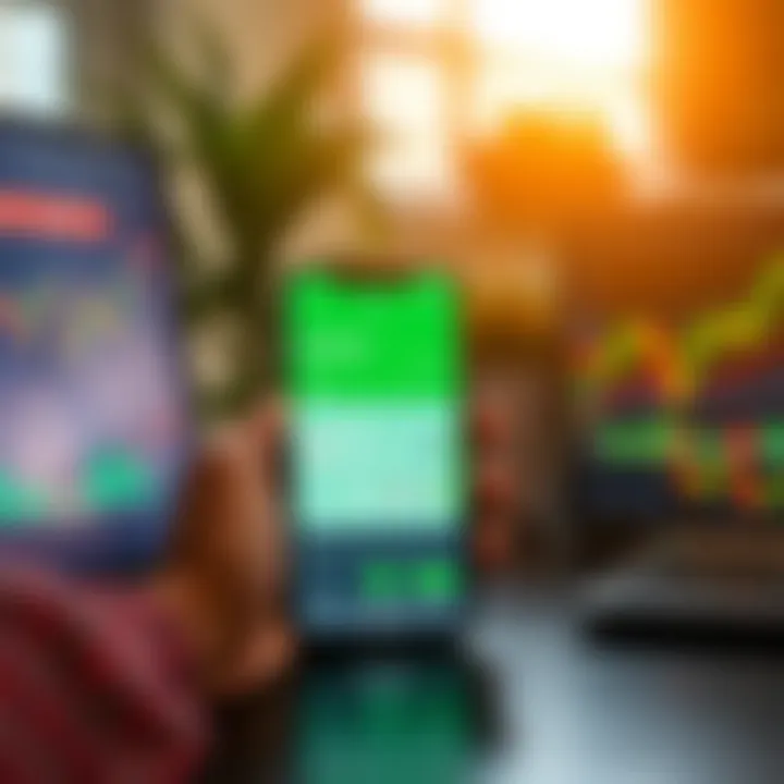 Illustration of a mobile phone displaying M-Pesa payment interface alongside forex trading tools and charts