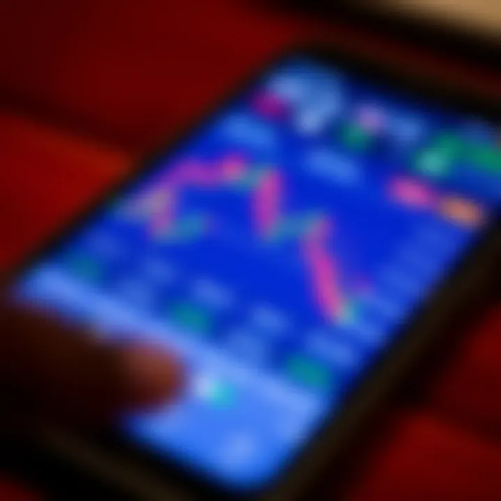 Mobile phone displaying forex trading app interface with charts and currency pairs