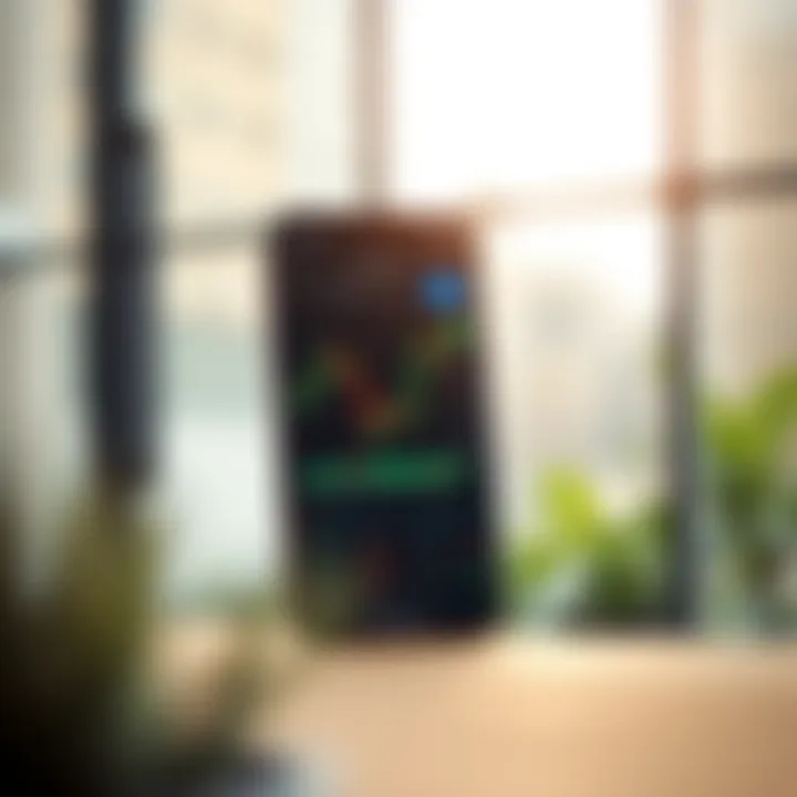 Mobile phone displaying a forex trading app with candlestick charts and currency pairs