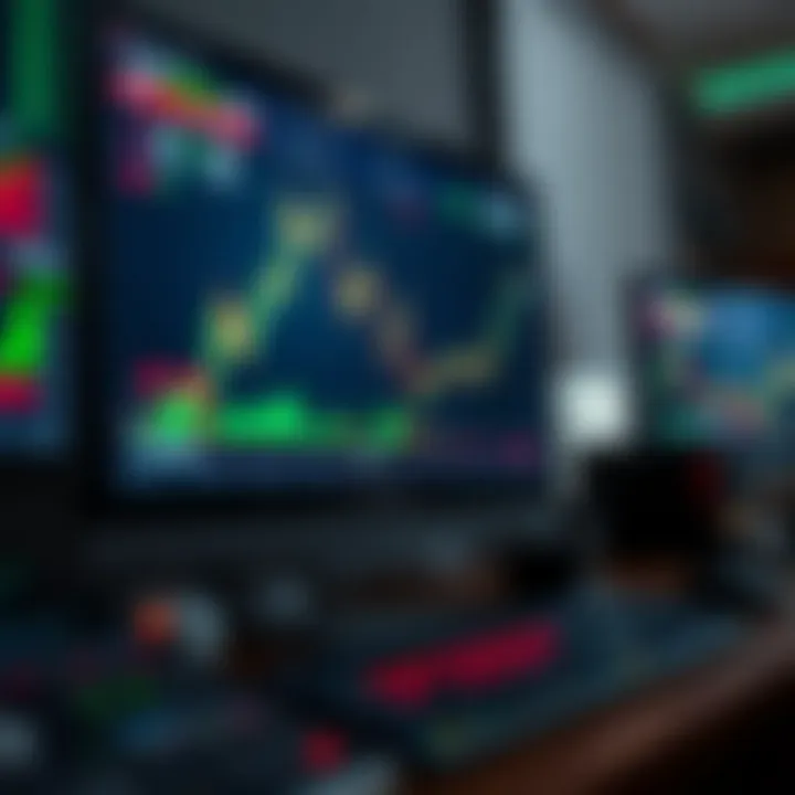 Illustration of a computer screen displaying forex trading charts and key market terms