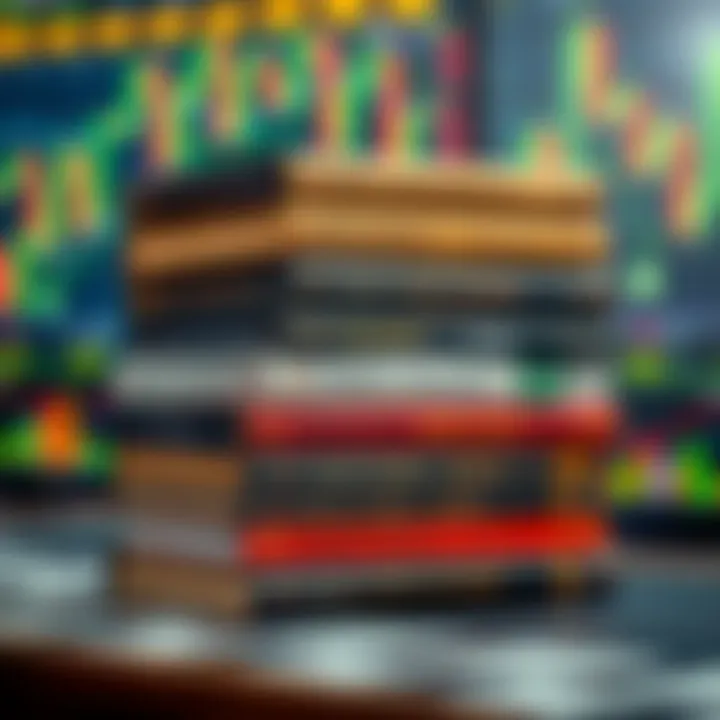 Collection of forex trading books stacked with a background of financial market charts