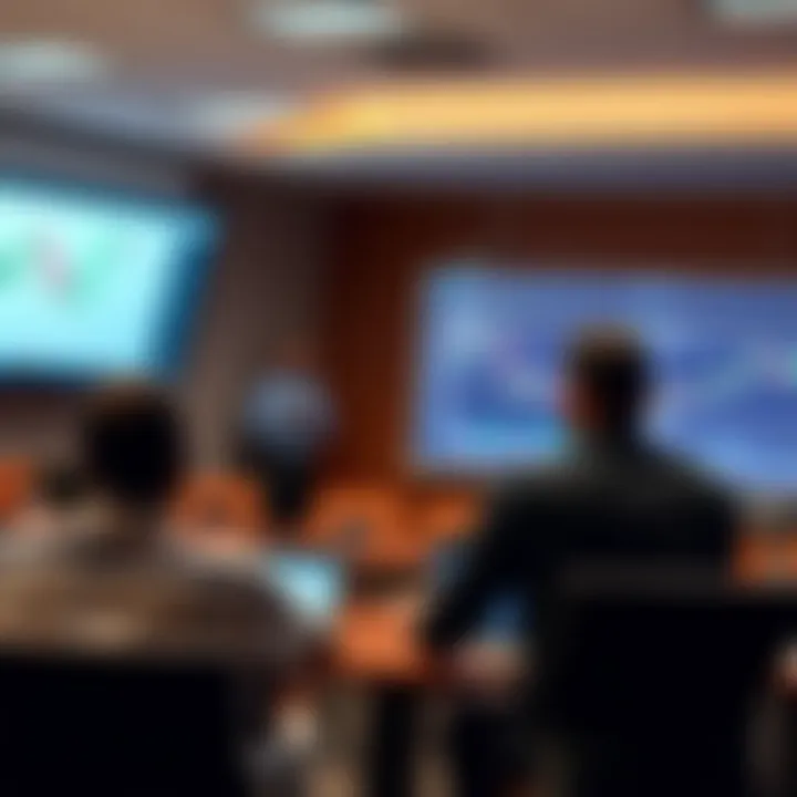 Classroom setting with instructor explaining forex trading concepts using a digital board