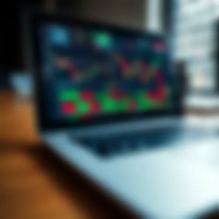 Close-up of a laptop displaying a forex trading platform interface with graphs and currency exchange rates