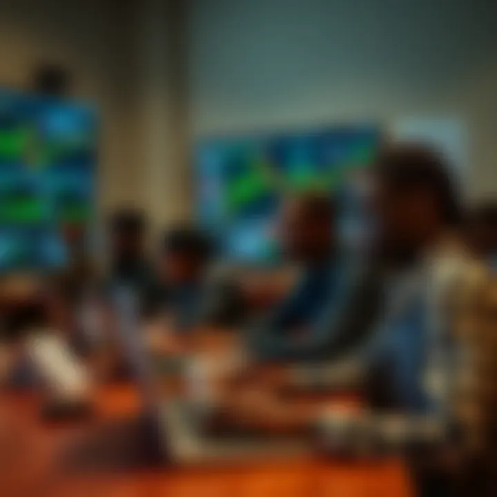 Classroom setting with students learning forex trading on laptops