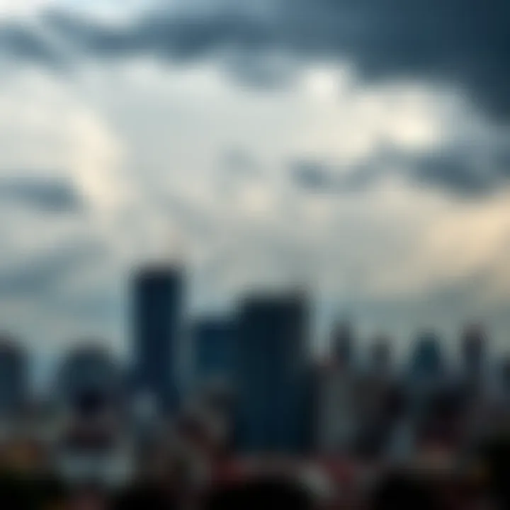 City skyline with storm clouds symbolizing natural disasters affecting urban risk management