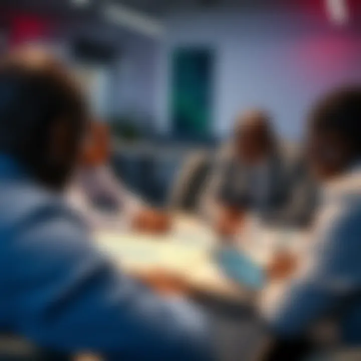 Team discussing risk management strategies with charts and risk assessment tools in office