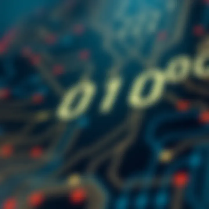 Diagram illustrating binary digits with zero and one symbols connected to digital circuits