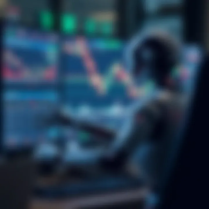 Digital illustration of a robot analyzing financial charts on a computer screen symbolizing automated binary options trading