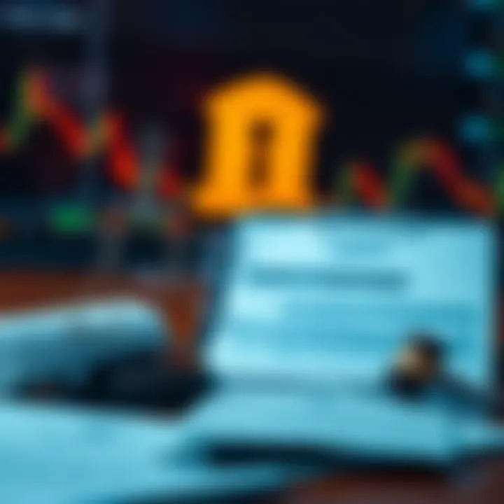 Illustration of a secure online trading environment with legal documents and currency symbols