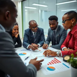Business professionals discussing risk factors with charts and graphs in a modern office