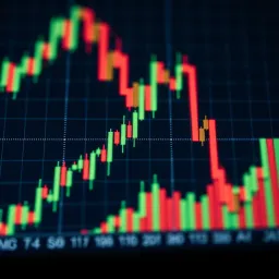 Chart showing currency exchange rate fluctuations over time with green and red candlesticks
