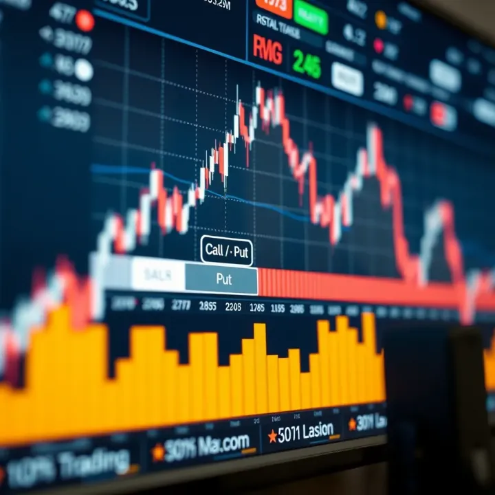 Graph showing upward trend with binary options trading interface displaying call and put choices